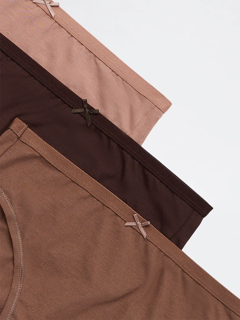 Wunderlove Brown Cotton-Blend Hi-Leg Briefs - Pack of 3 - Image 4