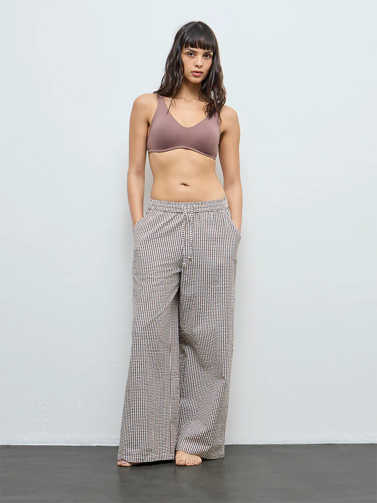 Wunderlove Brown Gingham Printed High-Rise Cotton Pants