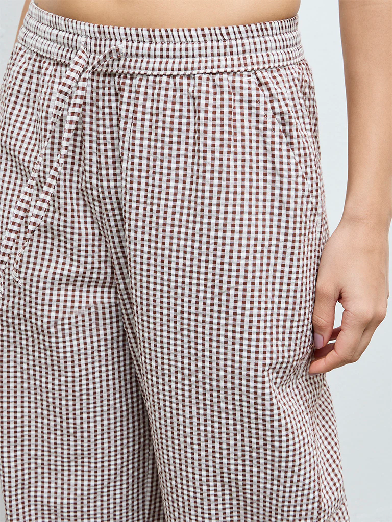 Wunderlove Brown Gingham Printed High-Rise Cotton Pants - Image 3