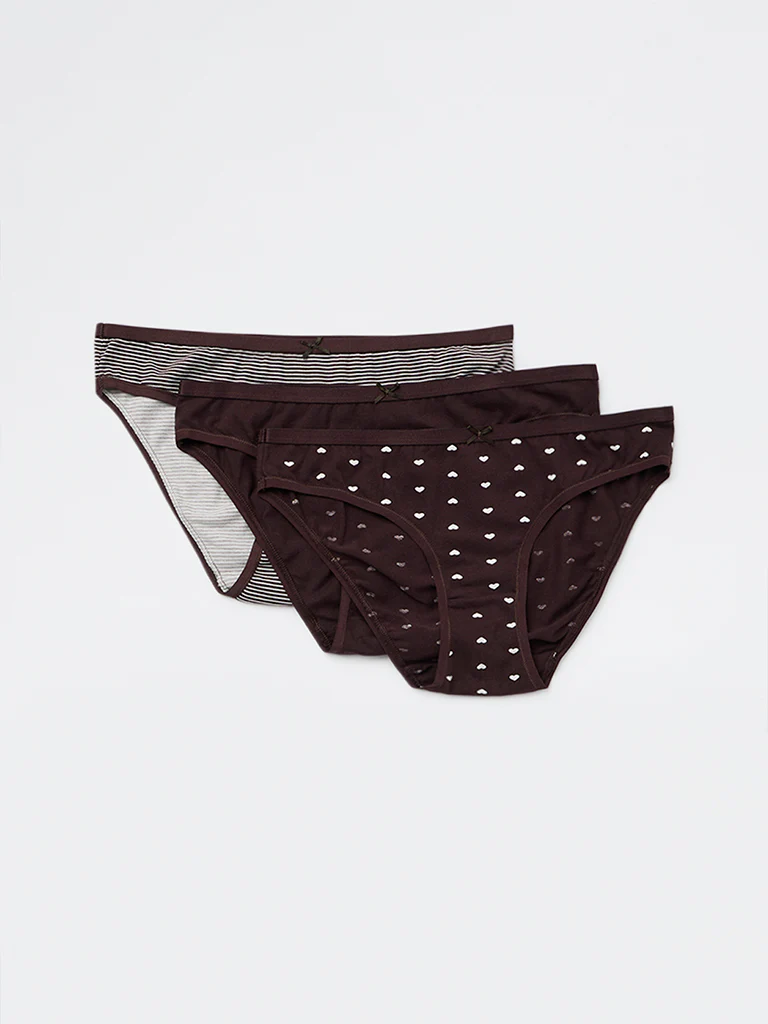 Wunderlove Brown Heart Printed Bikini Cotton-Blend Briefs - Pack of 3 - Image 2