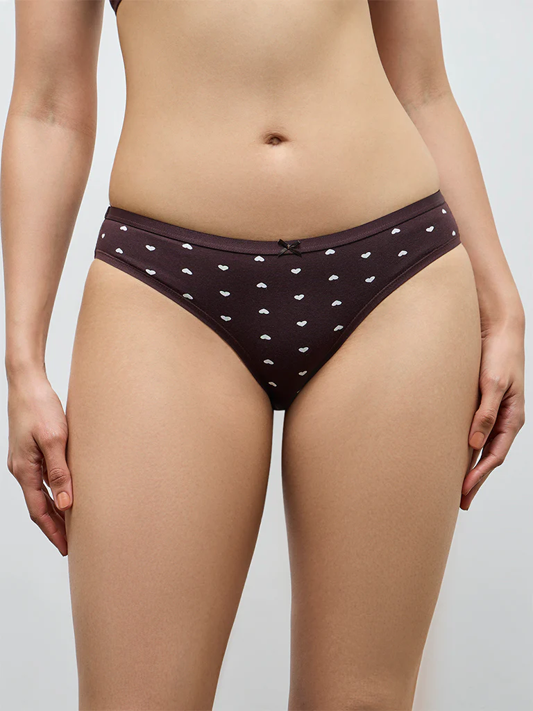 Wunderlove Brown Heart Printed Bikini Cotton-Blend Briefs - Pack of 3 - Image 3