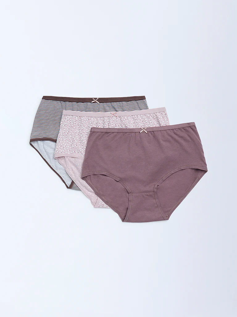 Wunderlove Brown Printed Cotton-Blend Briefs - Pack of 3