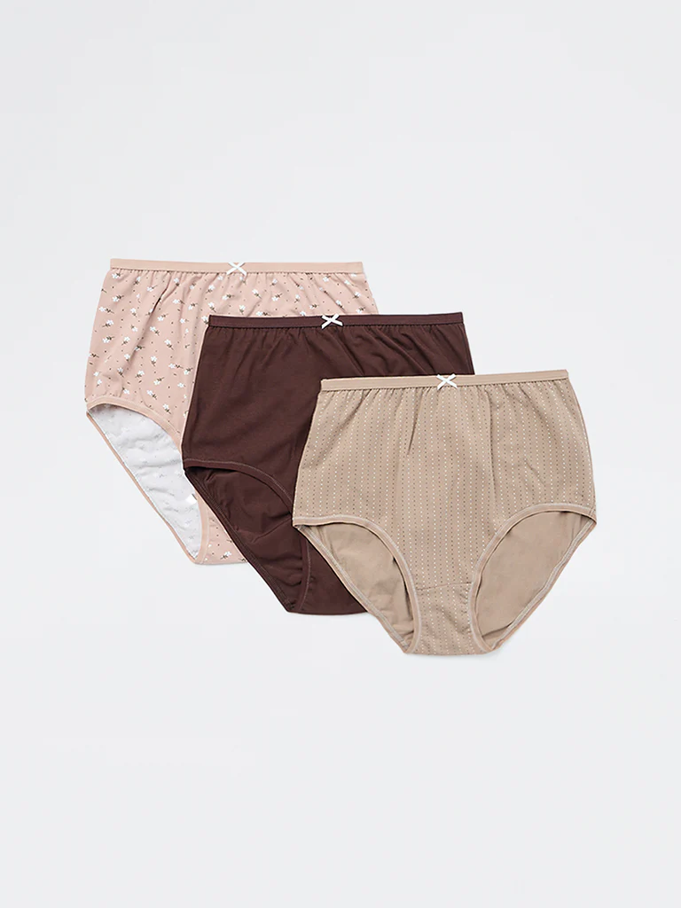 Wunderlove Brown Printed Full Cotton-Blend Briefs - Pack of 3