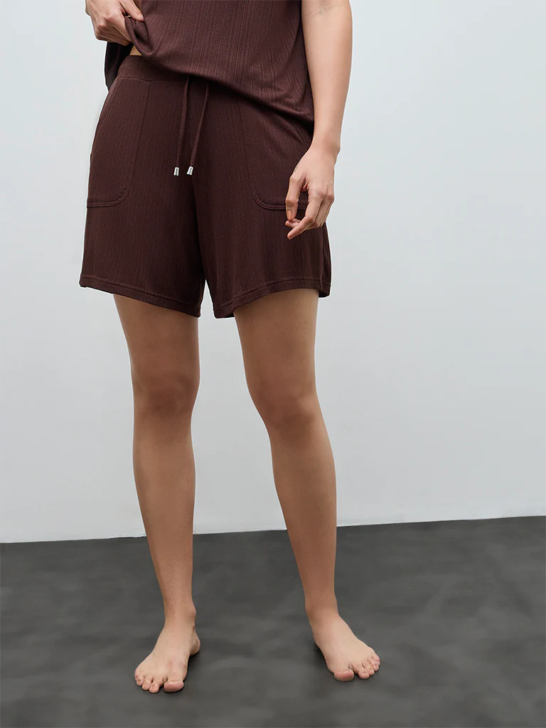 Wunderlove Brown Ribbed High-Rise Shorts - Image 2