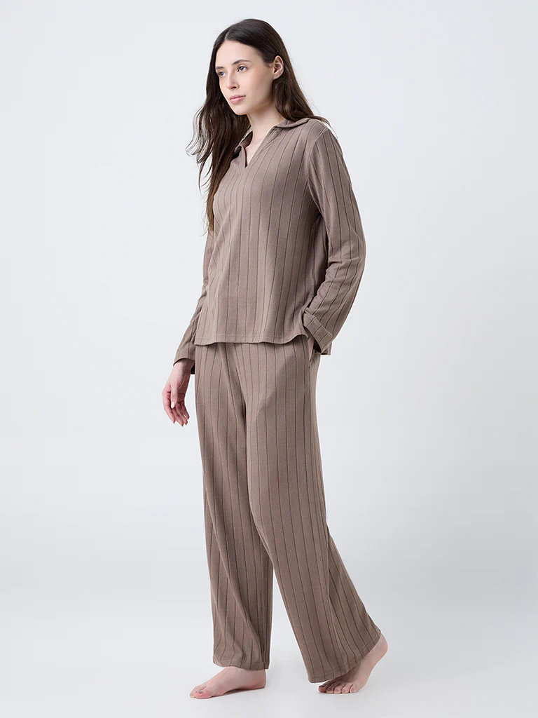 Wunderlove Brown Ribbed-Textured High-Rise Pants