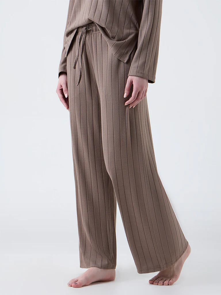 Wunderlove Brown Ribbed-Textured High-Rise Pants - Image 2