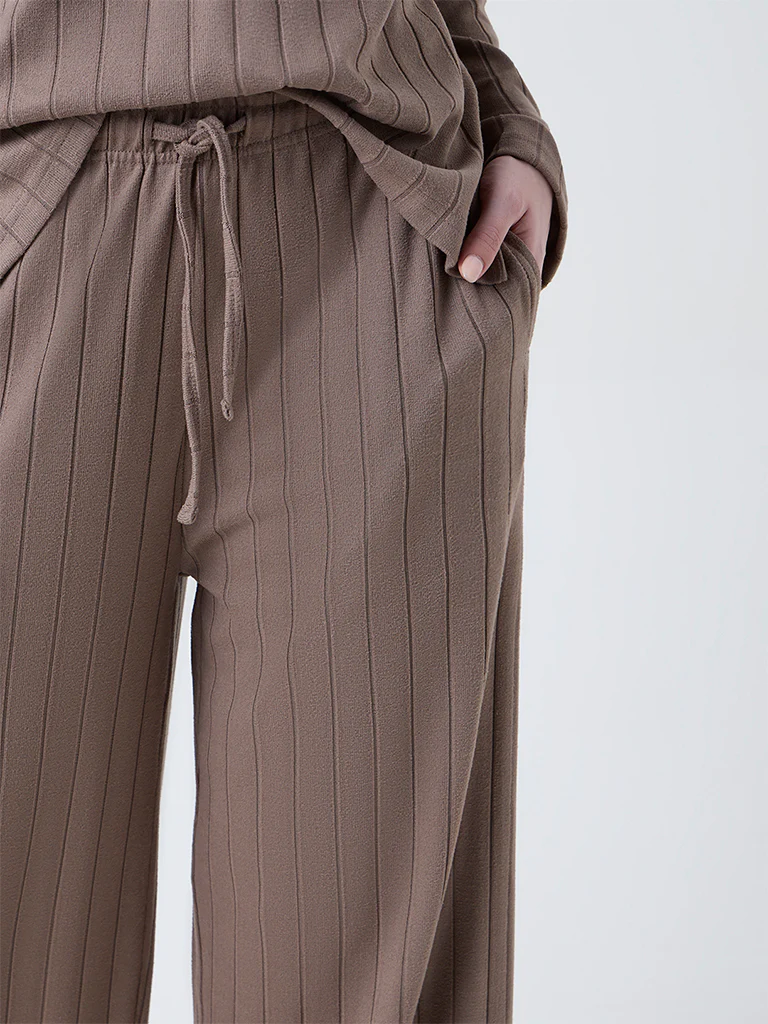 Wunderlove Brown Ribbed-Textured High-Rise Pants - Image 3