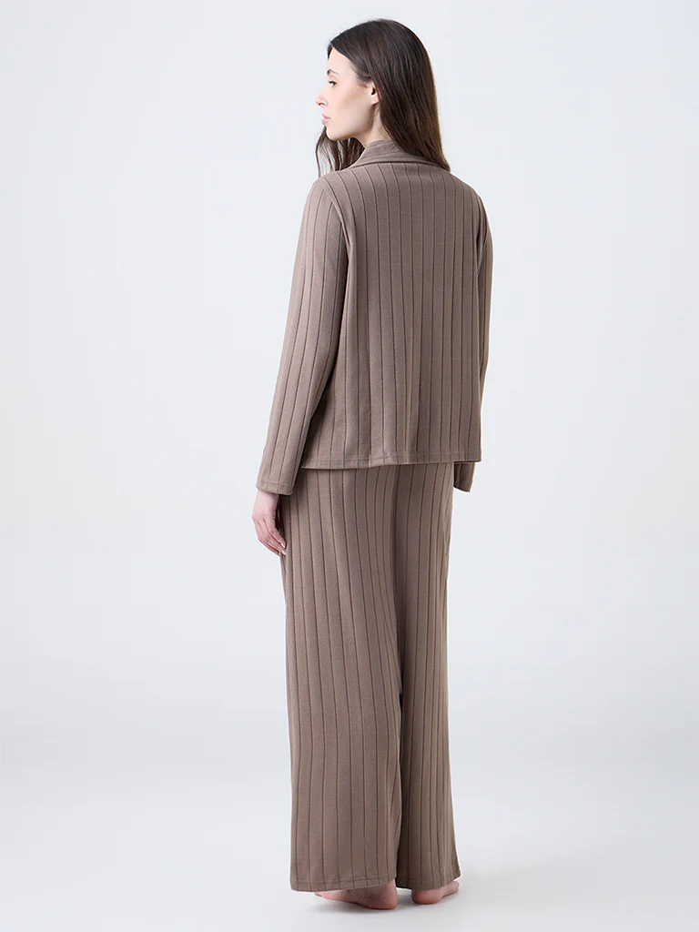 Wunderlove Brown Ribbed-Textured High-Rise Pants - Image 4