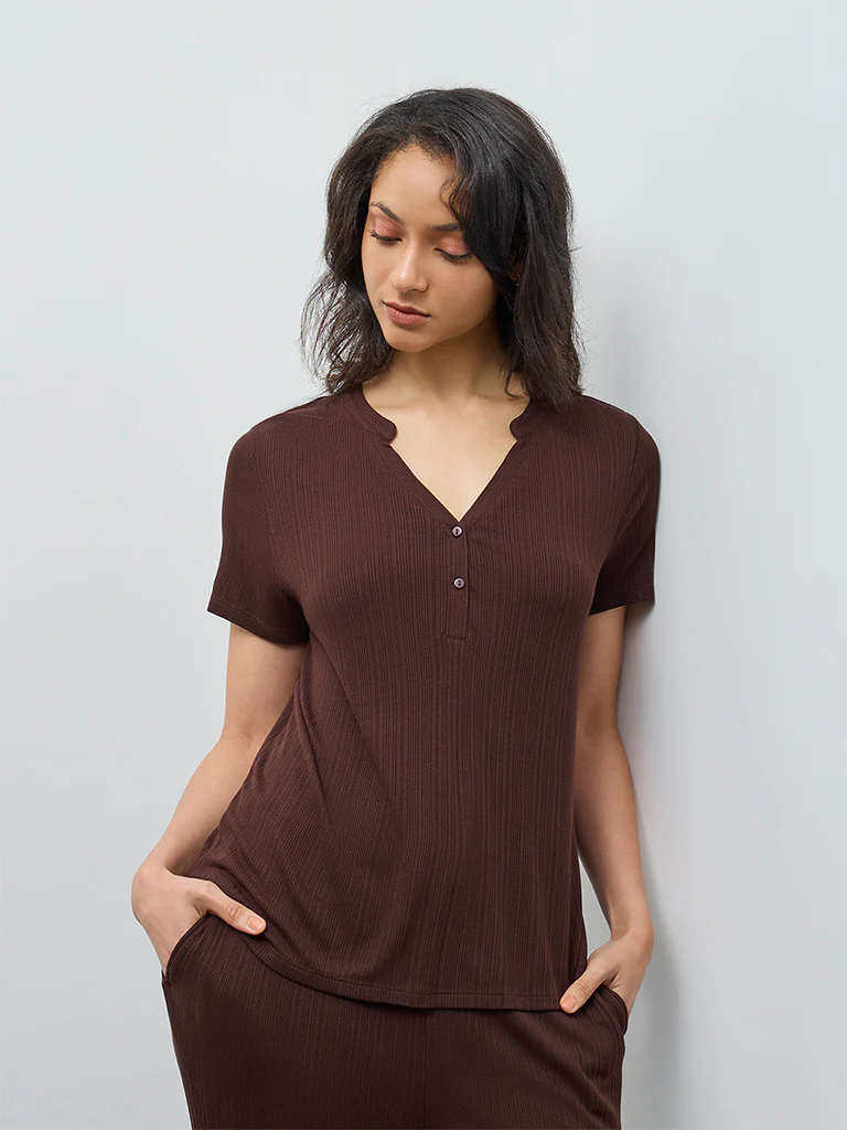 Wunderlove Brown Ribbed-Textured Top