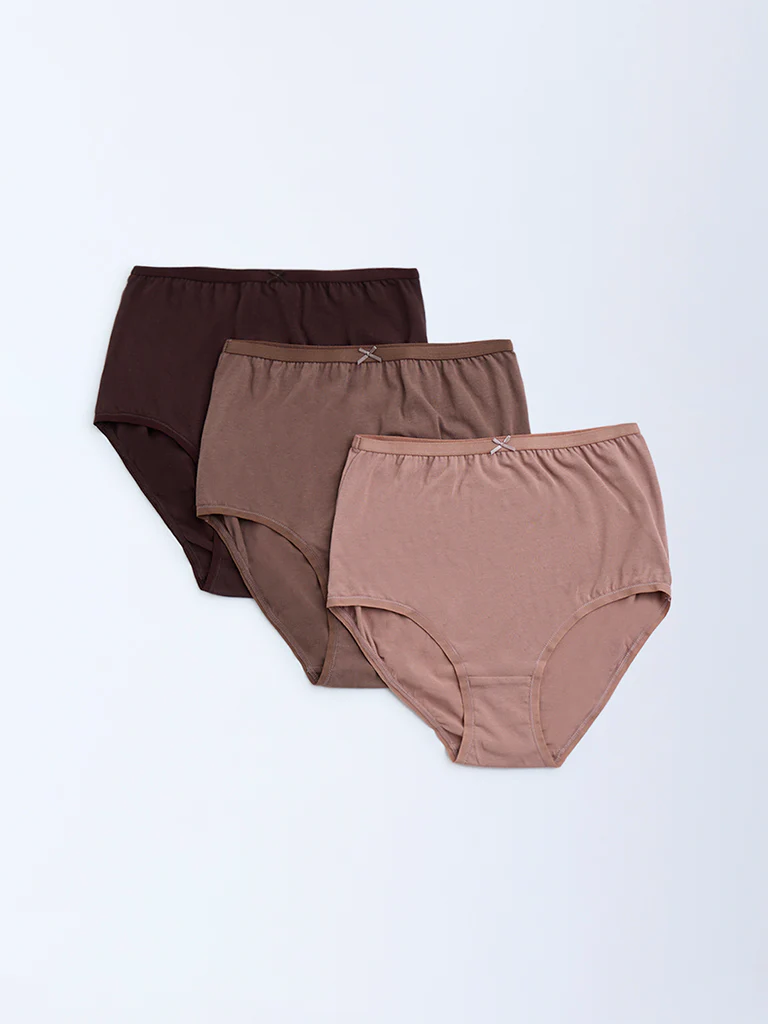 Wunderlove Brown Solid Cotton-Blend Full Briefs – Pack of 3 - Image 2
