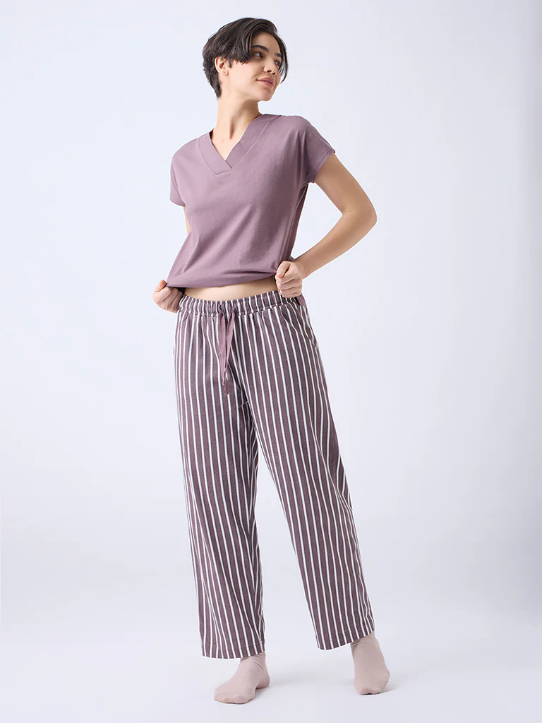 Wunderlove Brown Striped High-Rise Cotton Pants