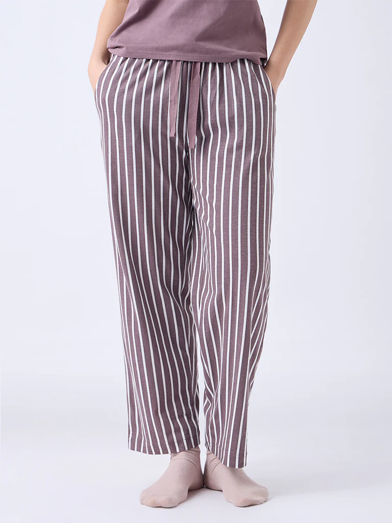 Wunderlove Brown Striped High-Rise Cotton Pants - Image 2