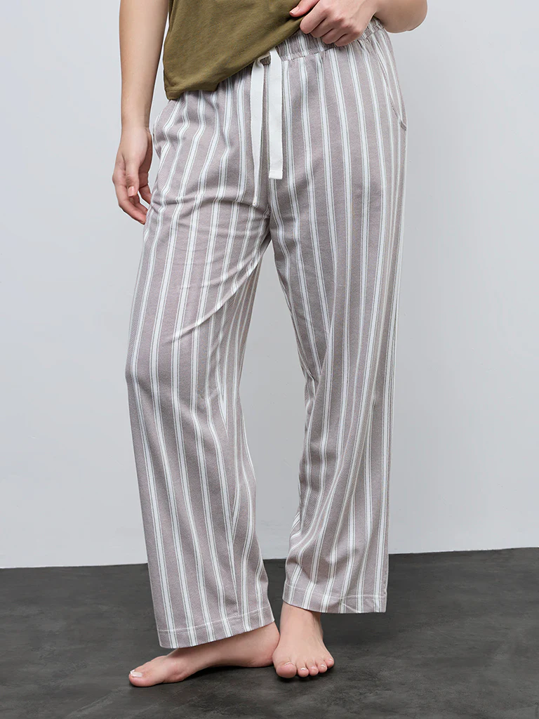 Wunderlove Brown Striped High-Rise Cotton Pyjamas - Image 2