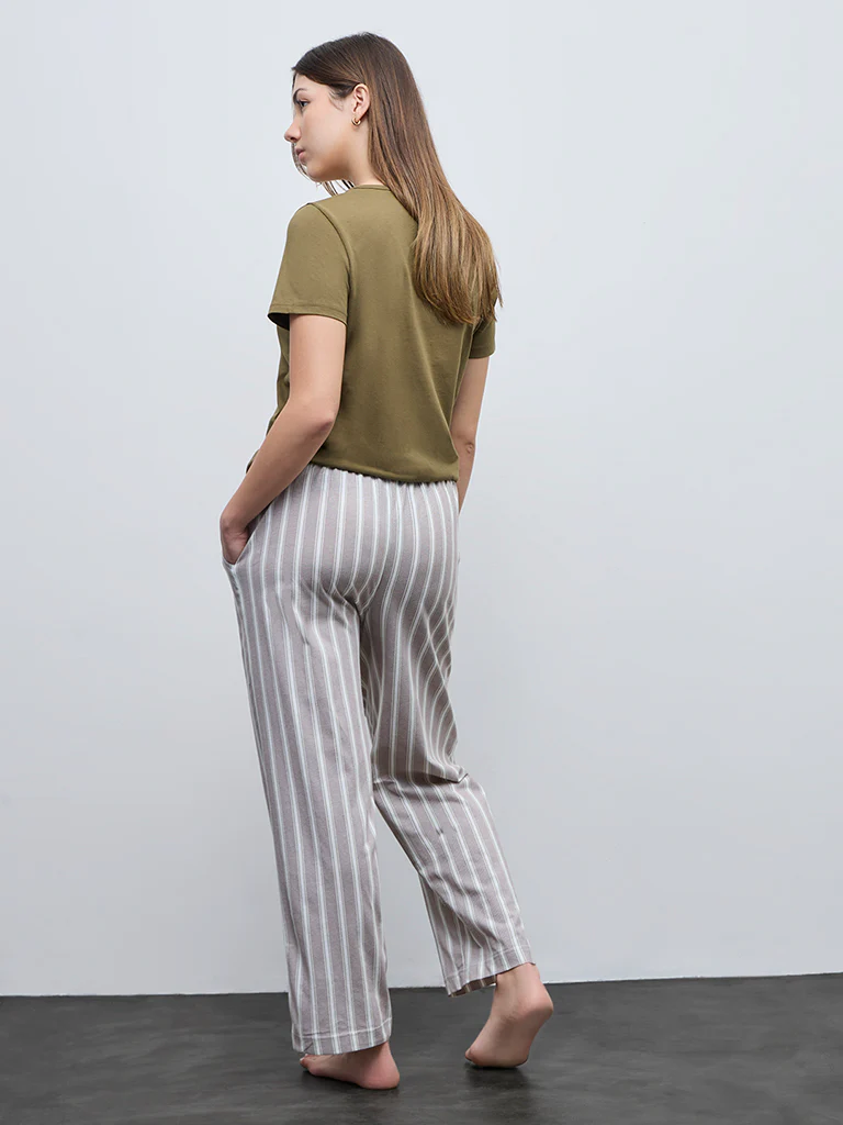 Wunderlove Brown Striped High-Rise Cotton Pyjamas - Image 4