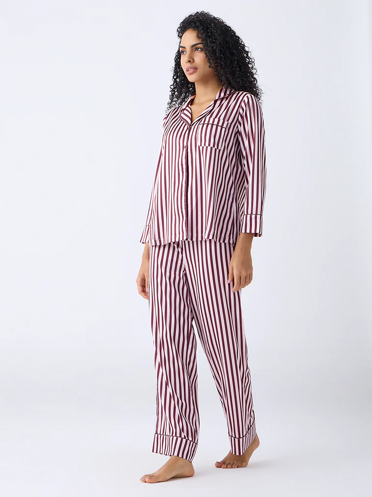 Wunderlove Brown Striped Shirt and Pyjama Set - Image 2