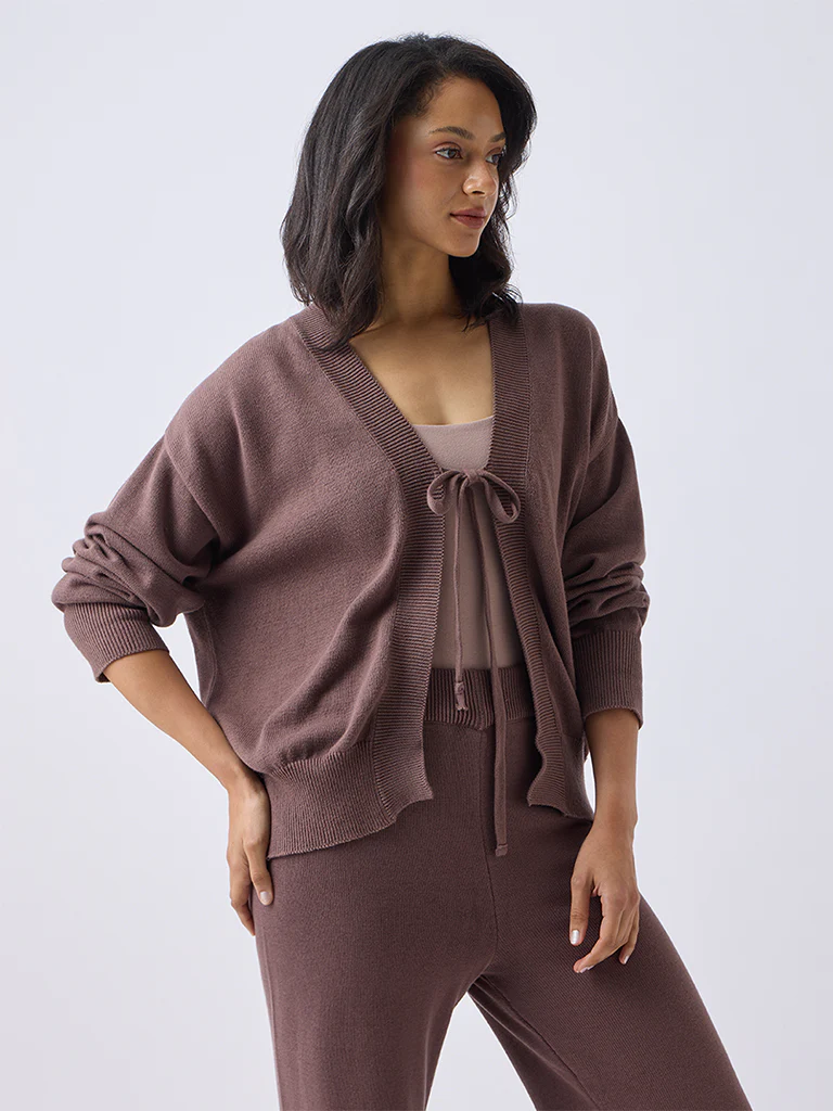Wunderlove Brown Tie-Up Cotton Cardigan - Image 2