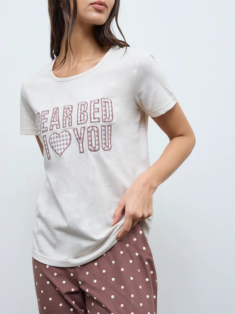 Wunderlove Brown Typographic Cotton Pyjama Set In A Bag - Image 3