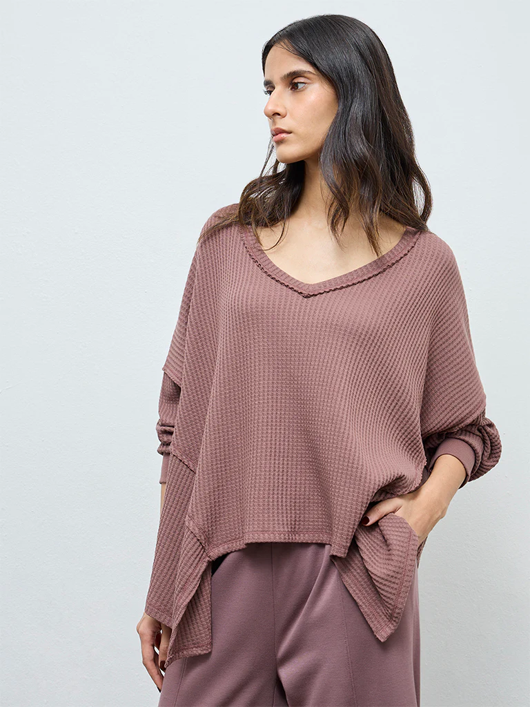 Wunderlove Brown Waffle-Textured Oversized Cotton-Blend Top