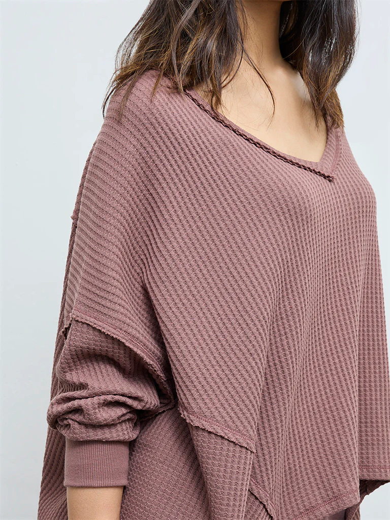 Wunderlove Brown Waffle-Textured Oversized Cotton-Blend Top - Image 3