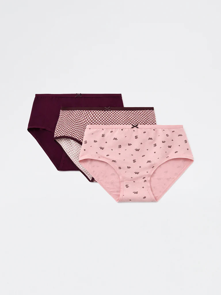 Wunderlove Burgundy Checkered Cotton-Blend High-Rise Briefs - Pack of 3 - Image 2