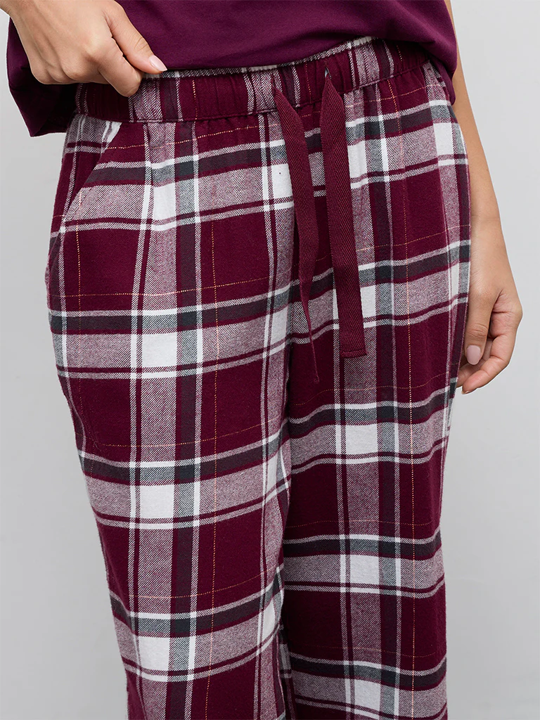 Wunderlove Burgundy Checkered High-Rise Cotton Pants - Image 3