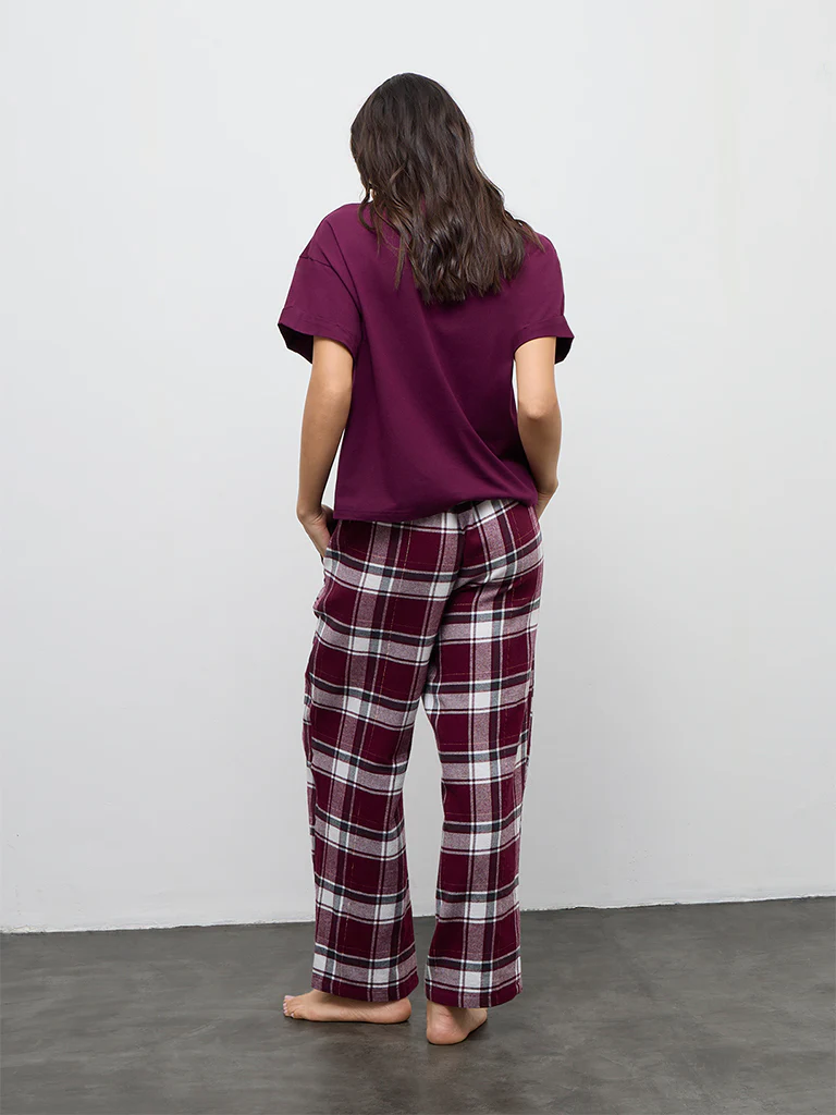 Wunderlove Burgundy Checkered High-Rise Cotton Pants - Image 4