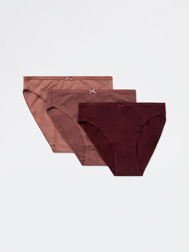 Wunderlove Burgundy Cotton-Blend Hi-Leg Briefs - Pack of 3 - Image 2