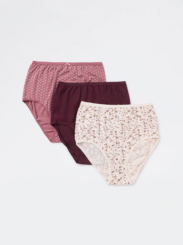Wunderlove Burgundy Full Cotton-Blend Briefs - Pack of 3 - Image 2