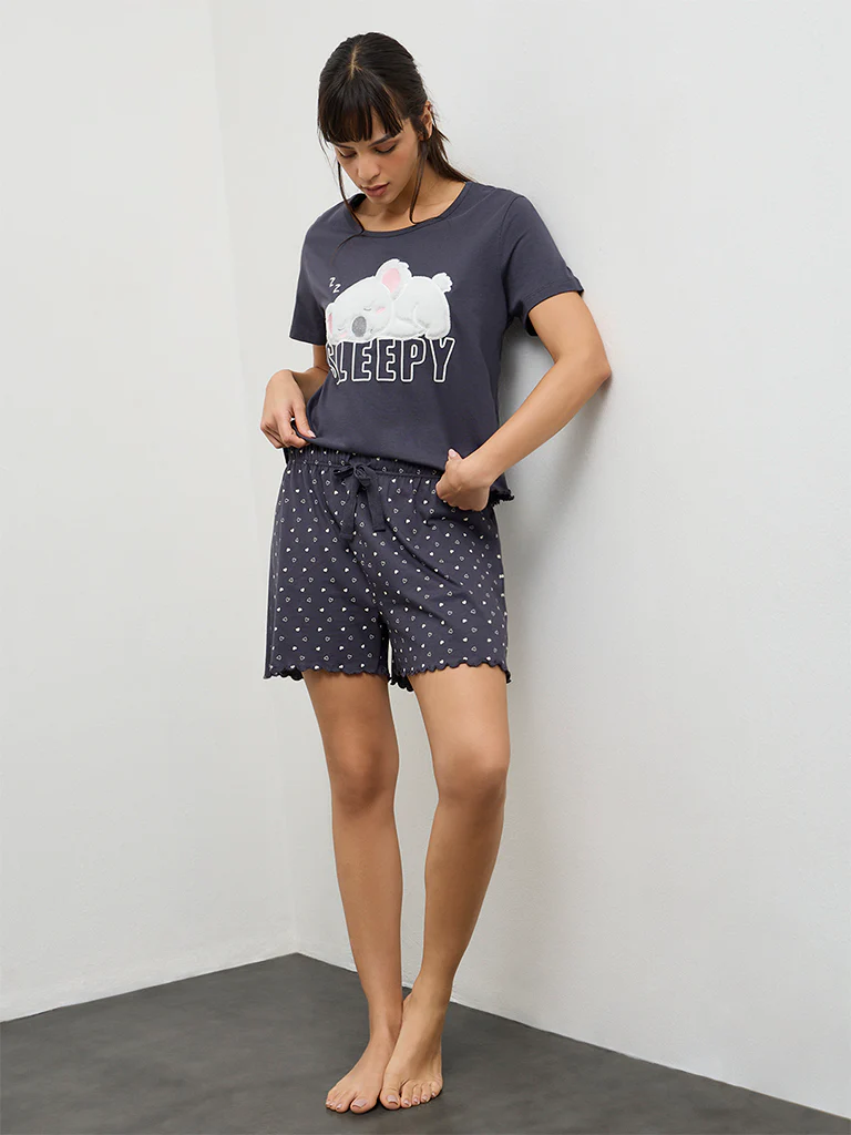Wunderlove Charcoal Animal Design Cotton T-Shirt