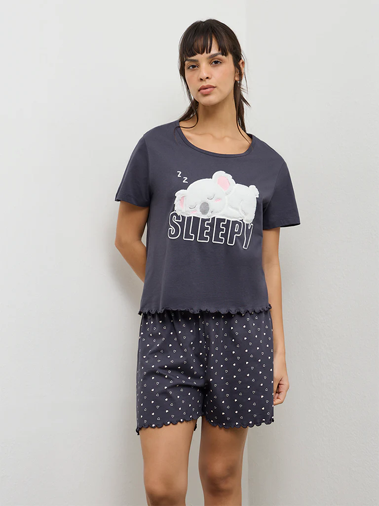 Wunderlove Charcoal Animal Design Cotton T-Shirt - Image 2