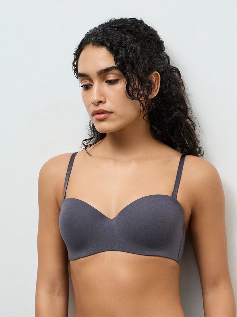 Wunderlove Charcoal Cotton Strapless Wired Bra - Image 2