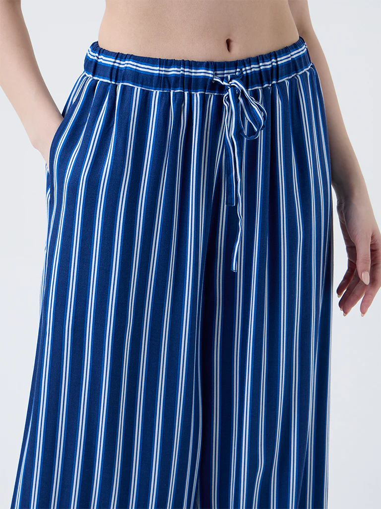 Wunderlove Dark Blue Striped High-Rise Cotton Blend Pants - Image 3