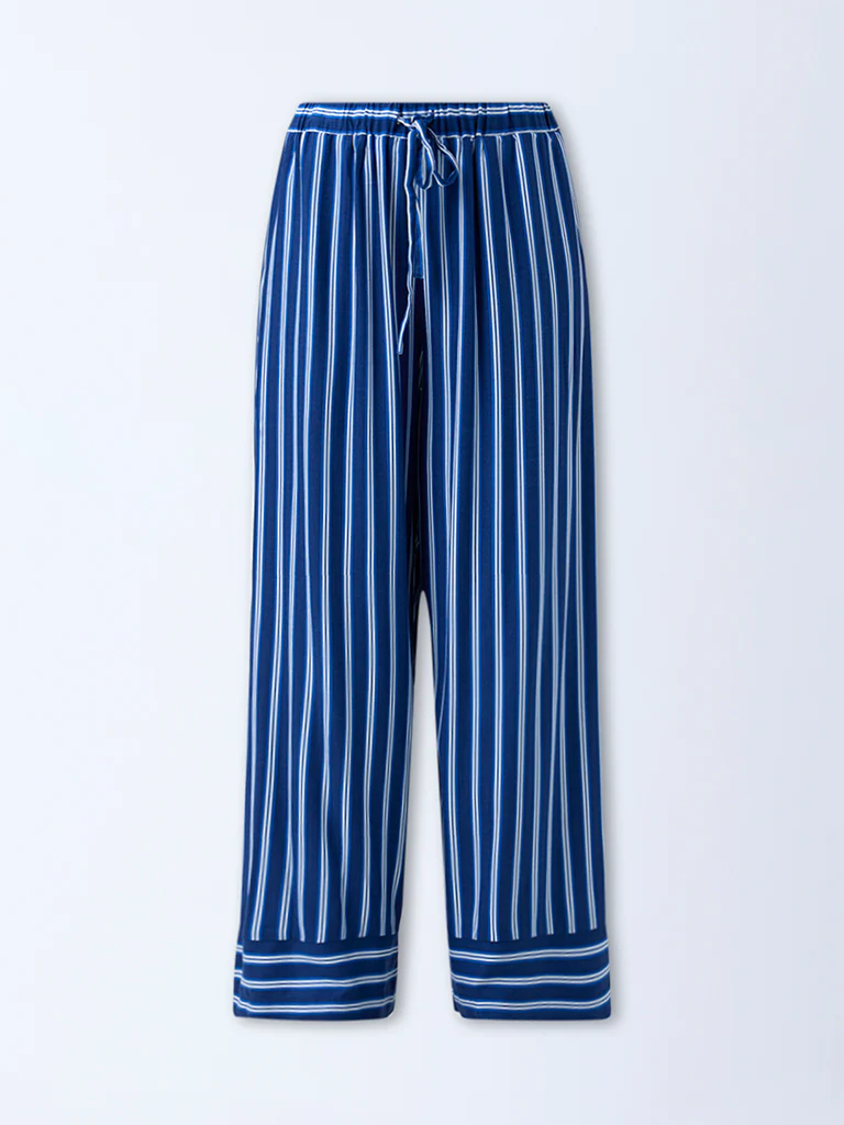 Wunderlove Dark Blue Striped High-Rise Cotton Blend Pants - Image 5