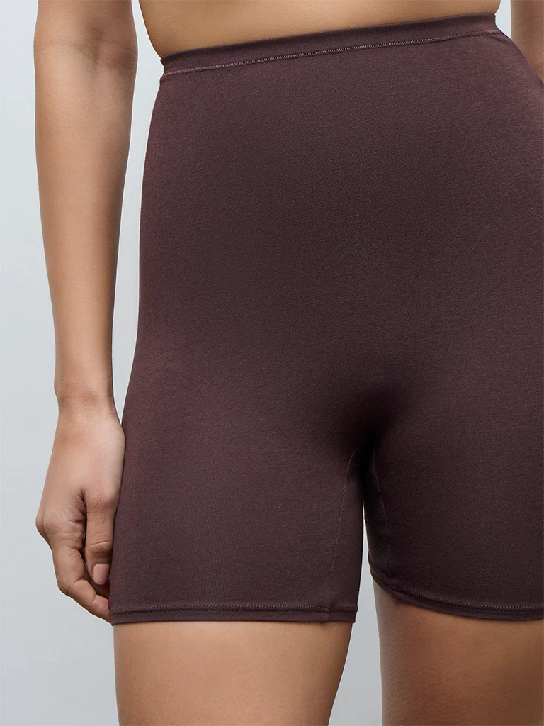 Wunderlove Dark Brown High-Rise Cotton-Blend Cycling Shorts - Image 3