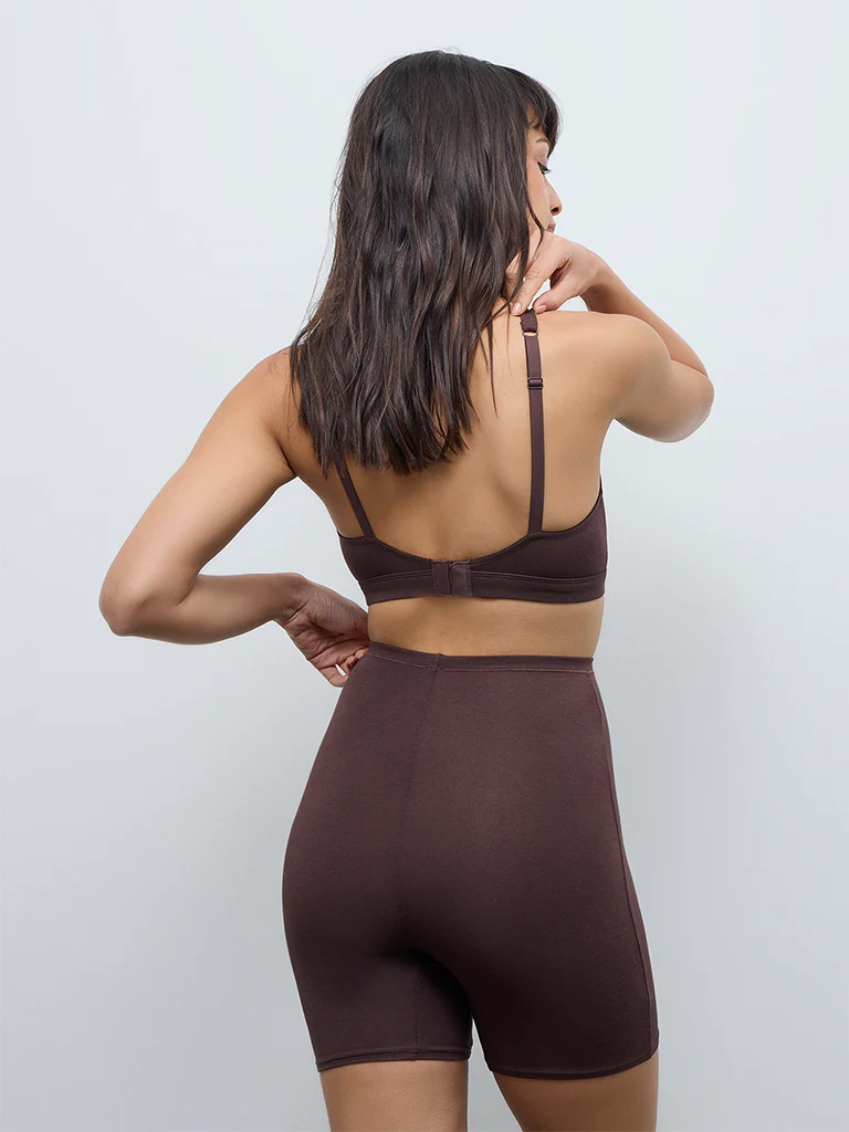 Wunderlove Dark Brown High-Rise Cotton-Blend Cycling Shorts - Image 4