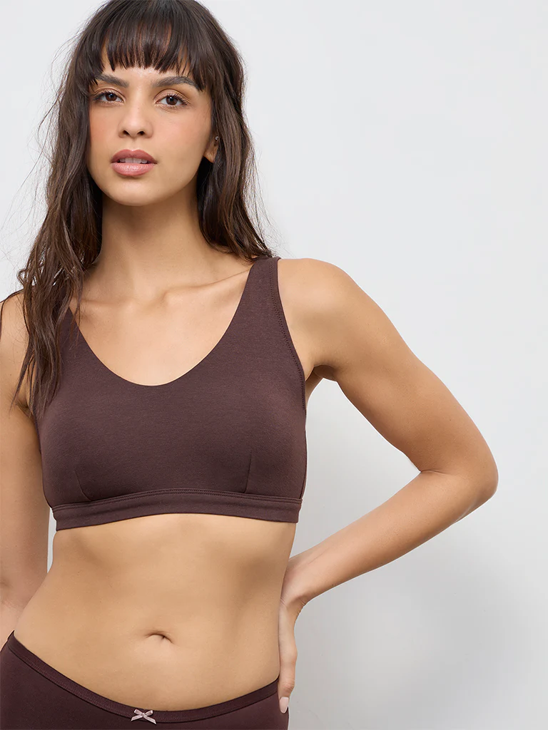 Wunderlove Dark Brown Padded Cotton-Blend Bralette - Image 2