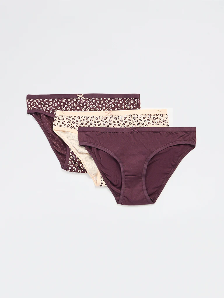 Wunderlove Dark Brown Printed Cotton-Blend Bikini Briefs - Pack of 3 - Image 2
