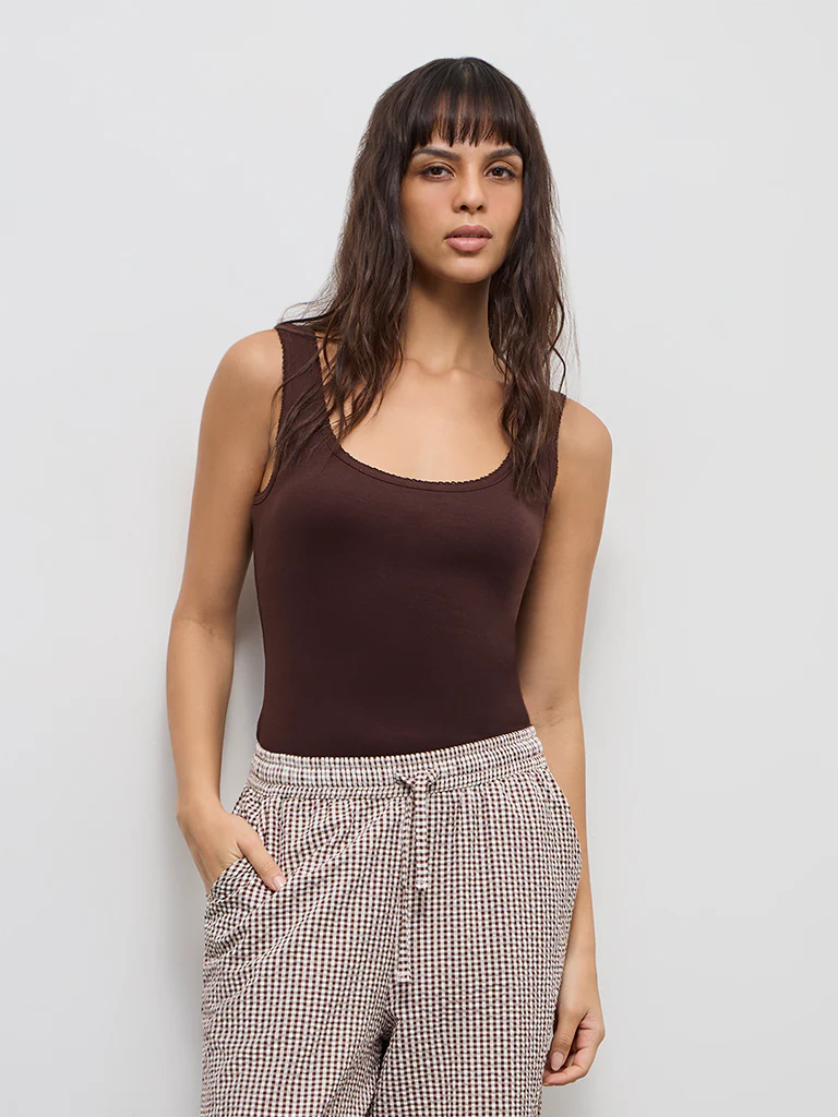 Wunderlove Dark Brown Ribbed-Textured Cotton Camisole - Image 2