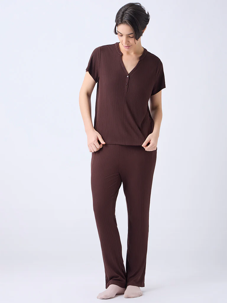 Wunderlove Dark Brown Ribbed-Textured Henley Top