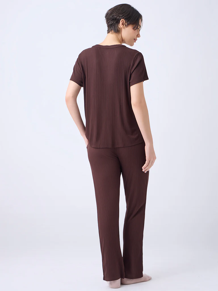 Wunderlove Dark Brown Ribbed-Textured High-Rise Pants - Image 4