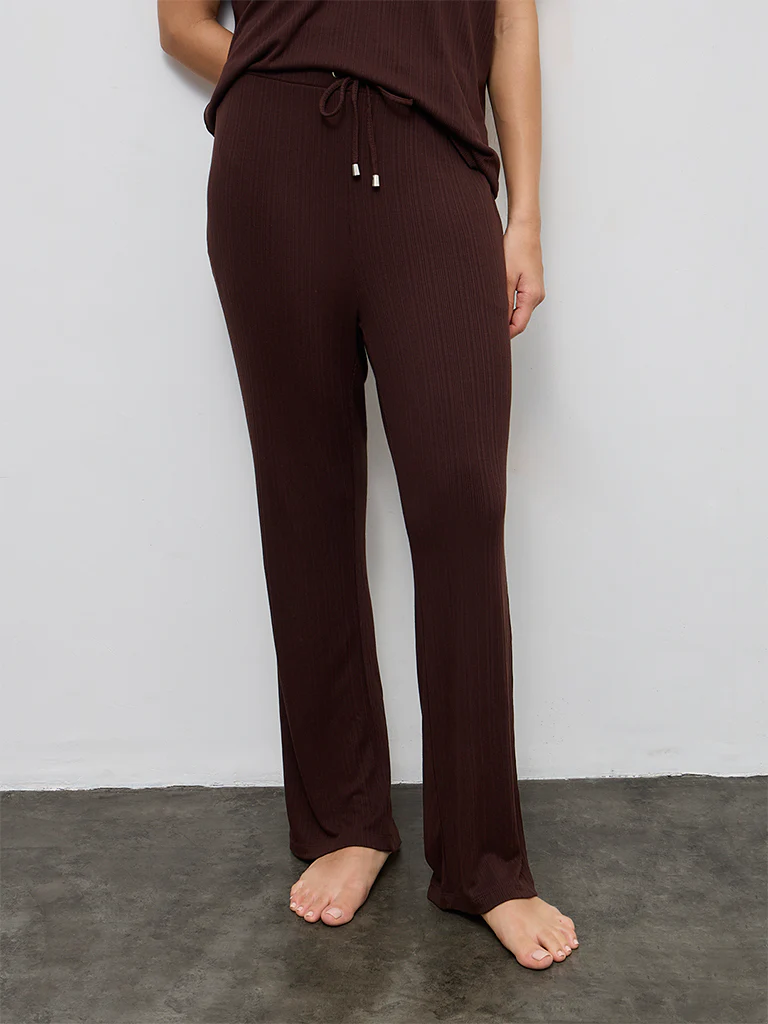 Wunderlove Dark Brown Ribbed-Textured High-Rise Pants - Image 2