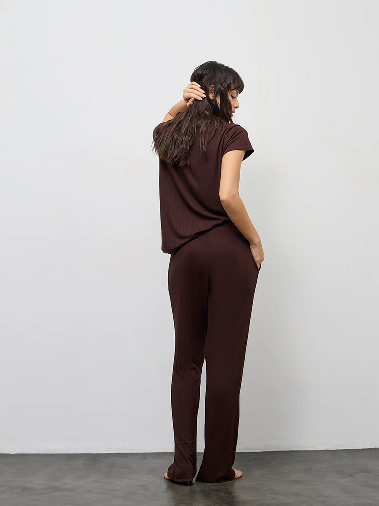 Wunderlove Dark Brown Ribbed-Textured High-Rise Pants - Image 4