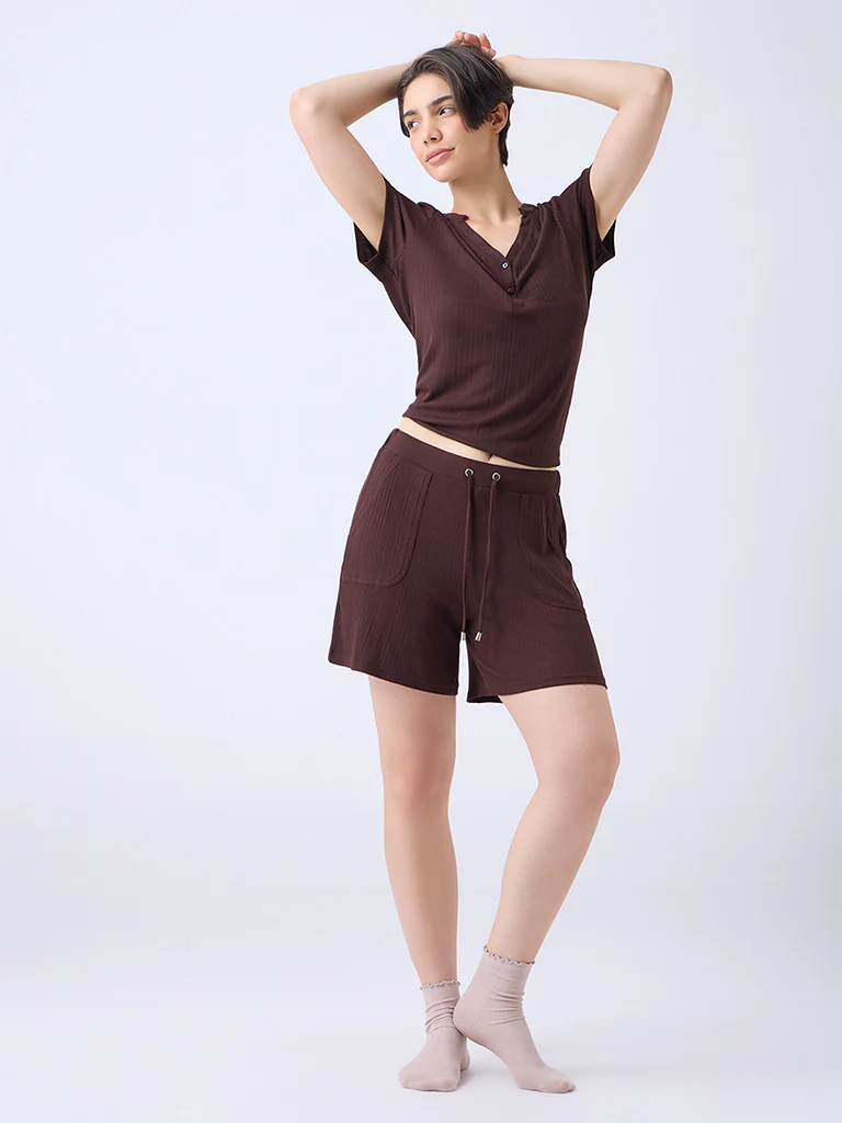 Wunderlove Dark Brown Ribbed-Textured High-Rise Shorts