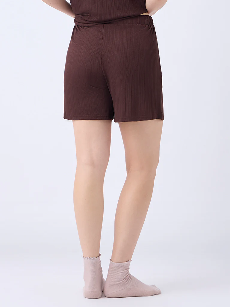 Wunderlove Dark Brown Ribbed-Textured High-Rise Shorts - Image 4