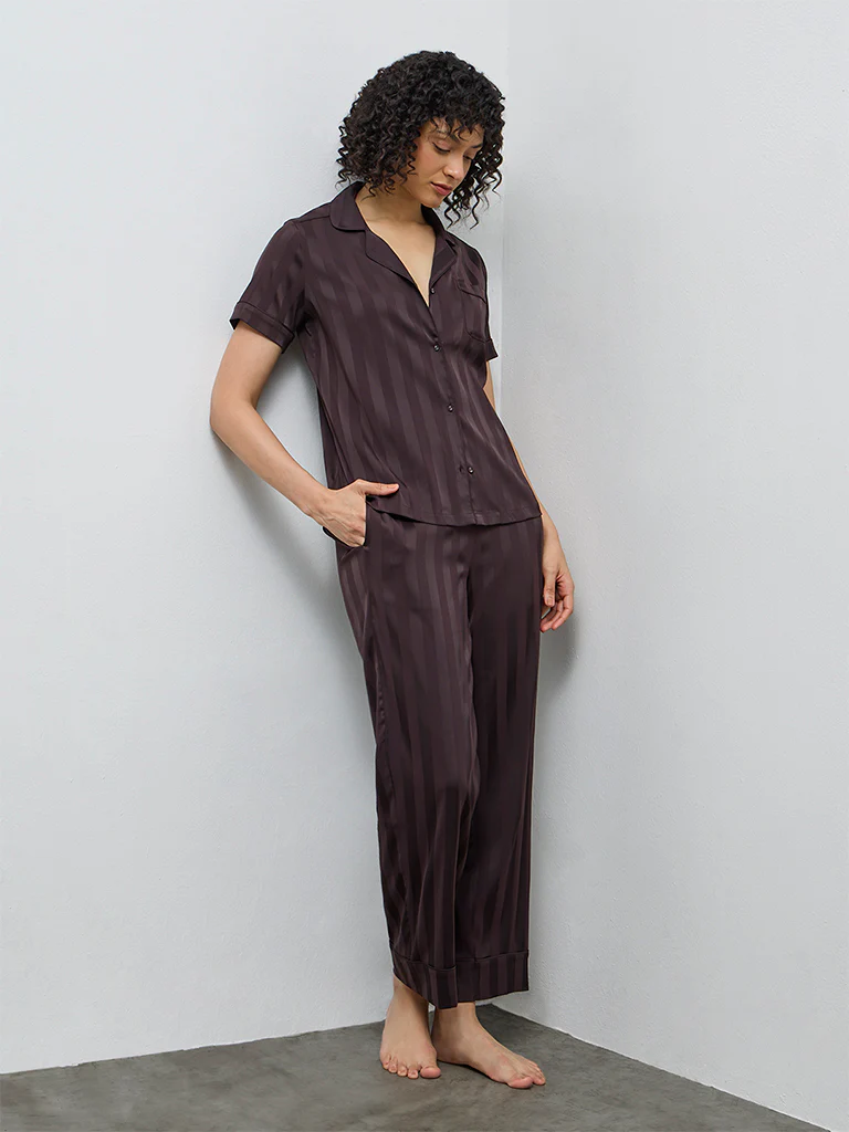 Wunderlove Dark Brown Self-Striped Satin Shirt and Pyjama Set