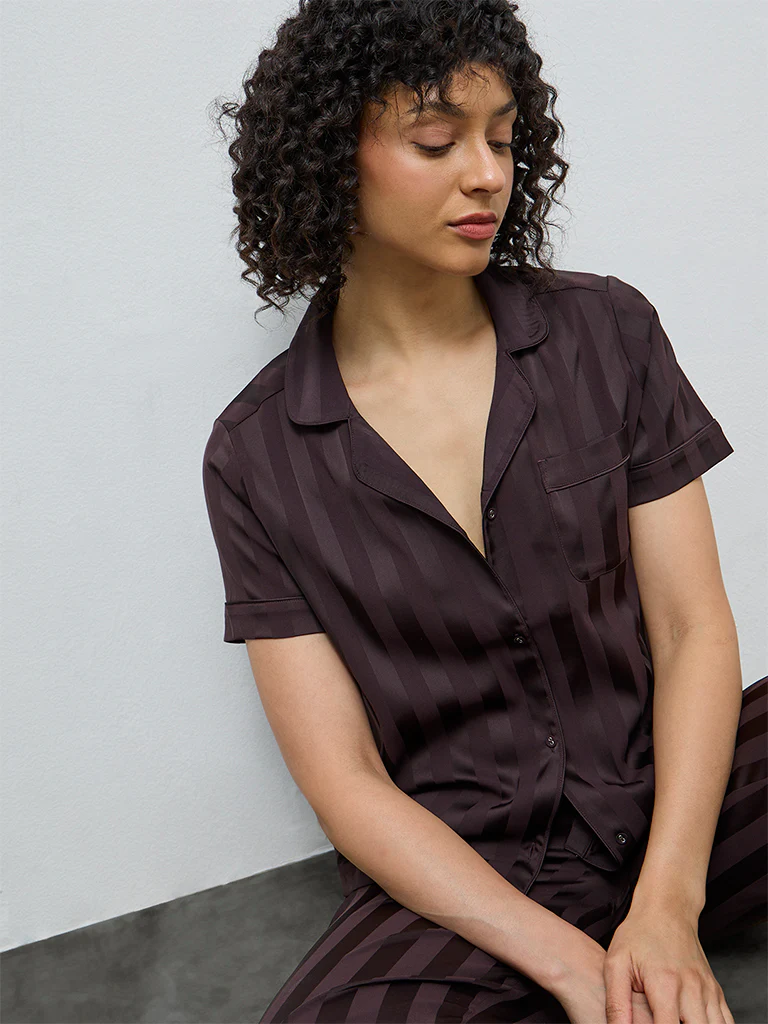 Wunderlove Dark Brown Self-Striped Satin Shirt and Pyjama Set - Image 3