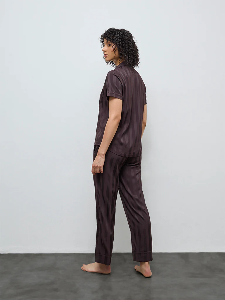 Wunderlove Dark Brown Self-Striped Satin Shirt and Pyjama Set - Image 4