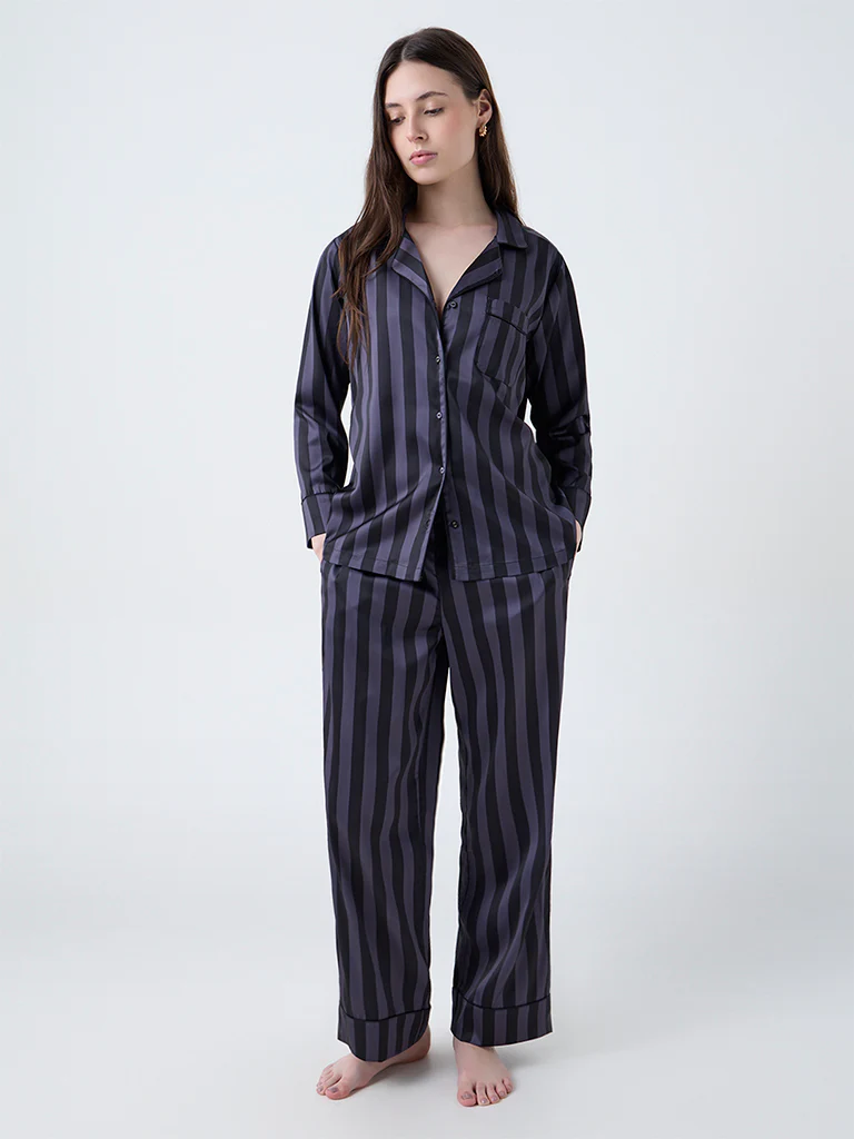 Wunderlove Dark Grey Striped Satin Shirt and Pyjamas Set