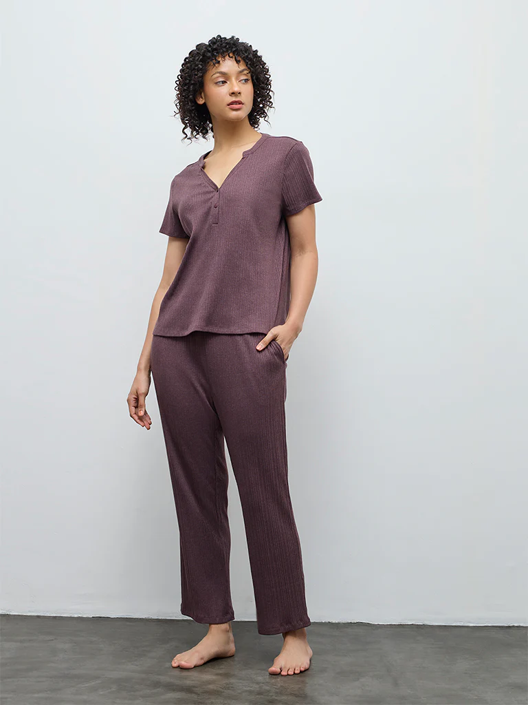 Wunderlove Dark Mauve Self-Striped High-Rise Pants