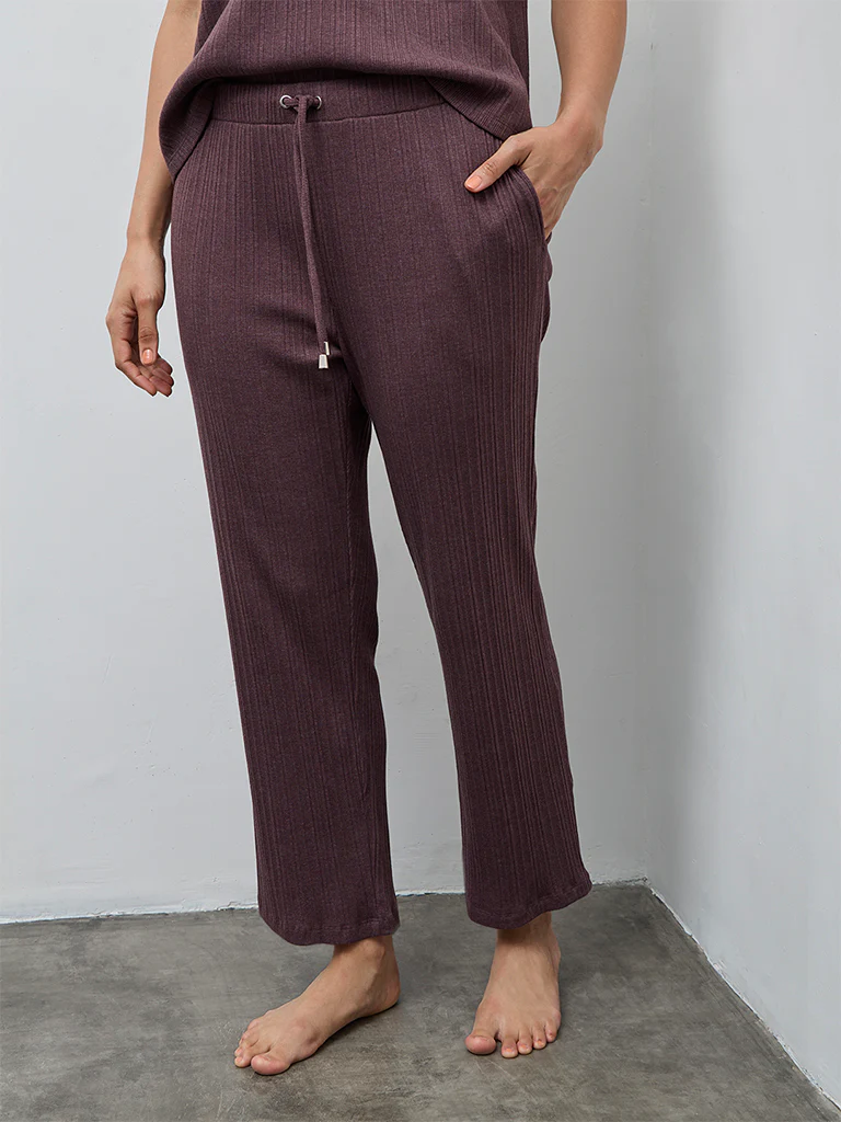 Wunderlove Dark Mauve Self-Striped High-Rise Pants - Image 2